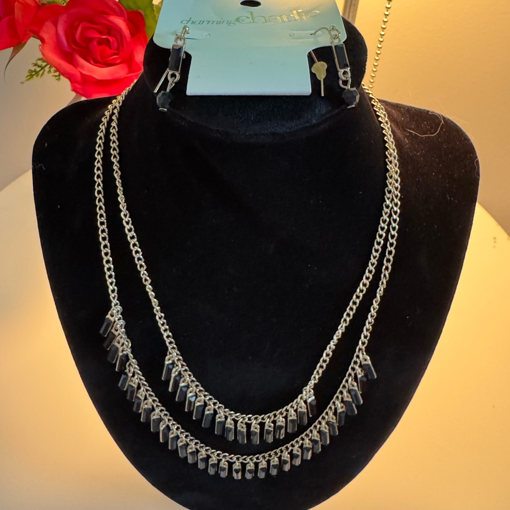 ✨Charming Charlie Gold Tone & Black Beaded Necklace + Earrings Jewelry Set
